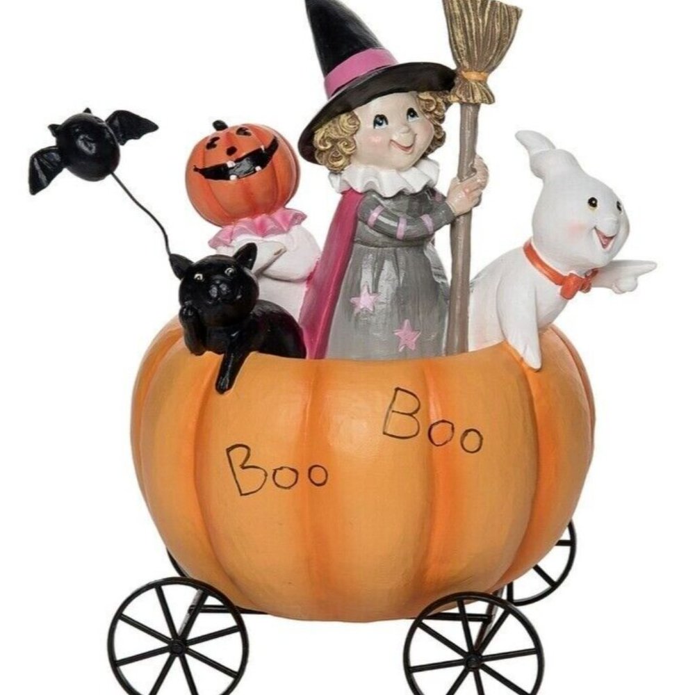 Halloween 8.75" Orange and Gray "Boo Boo" Pumpkin Cart Table Decor Transpac NEW